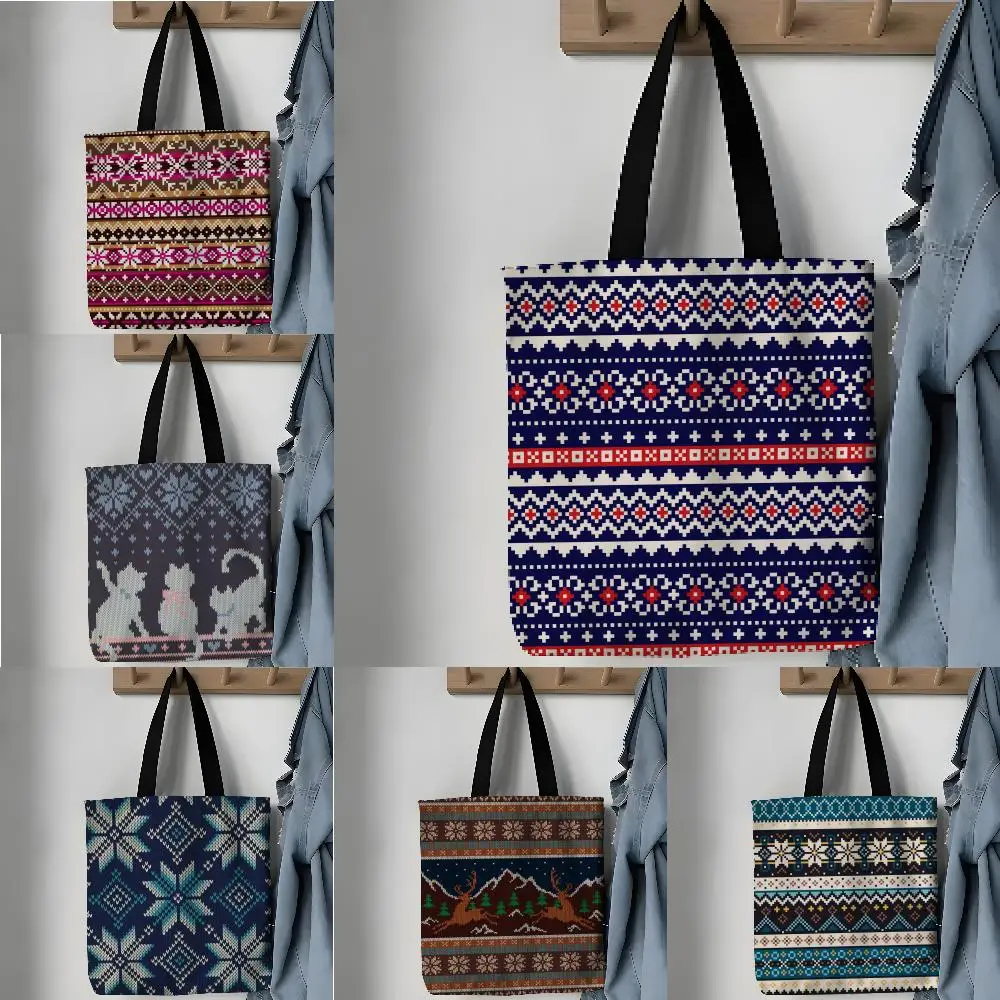 Storage Bags Pattern Tote Bag Aesthetic Canvas Shoulder Bag Lightweight Shopping Bag Fair Island Classical Sweater Pattern