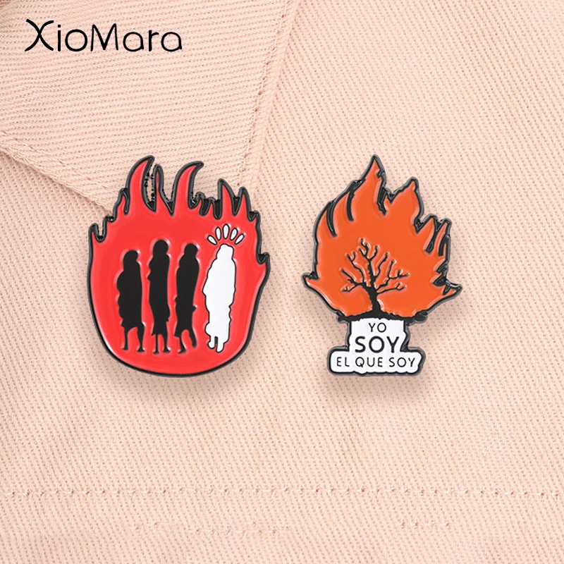 Broches en émail avec versets bibliques chrétiens, motif 'Feu Ardent' et 'Yo Soy El Que Soy' (J'ainsi que je suis), thème de la Rédemption, bijoux religieux, badges de revers, cadeaux