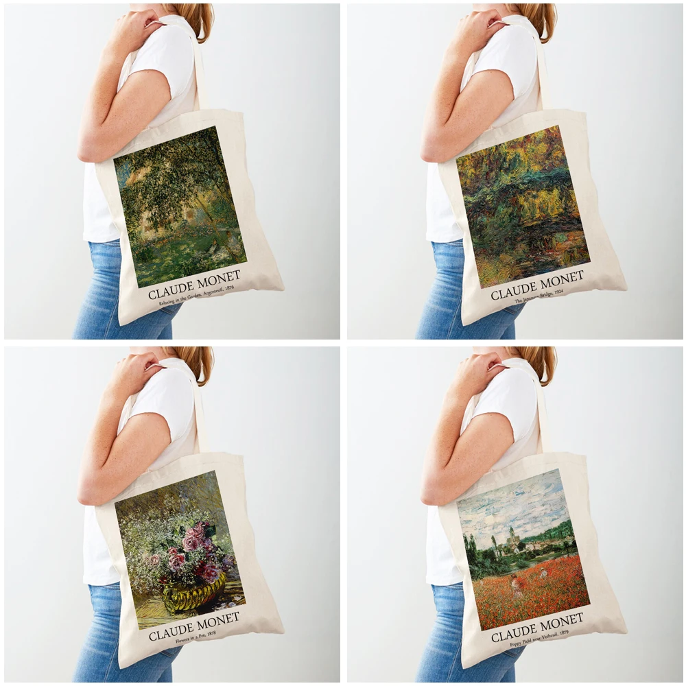 Claude Monet Garden Women Shopping Bags Casual Canvas Double Print Decor Vintage Art Girl Shopper Bag Lady Tote Handbags