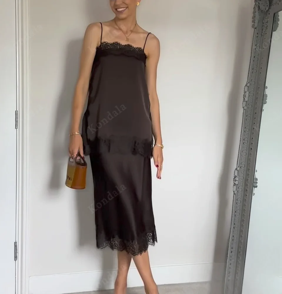 

KONDALA женский сексуальный атласный кружевной комплект с открытой спиной, топ на бретельках, юбка на молнии, новинка 2025 года, весенне-осенний модный праздничный комплект для вечеринок Mujer