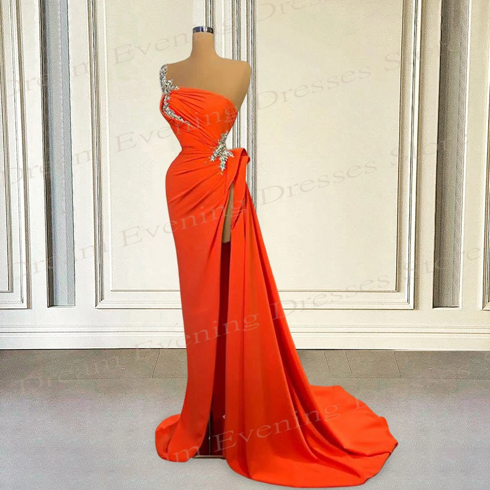 Moderne Oranje Zeemeermin Royale Avondjurken Charmante Mouwloze Geplooide Galajurken Met Sexy High Split Robe De Soiree Femmes