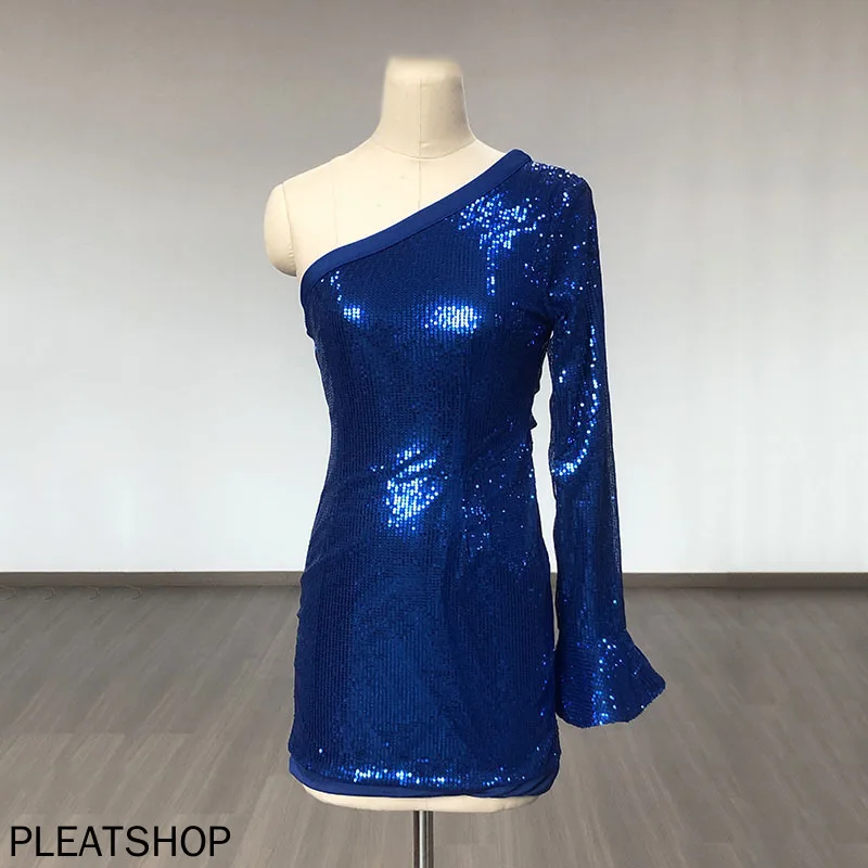 Sequined One-shoulder Long-sleeved Sexy Hip-covering Dress Blue European and American Fashion New Style Women Clothing Vestido