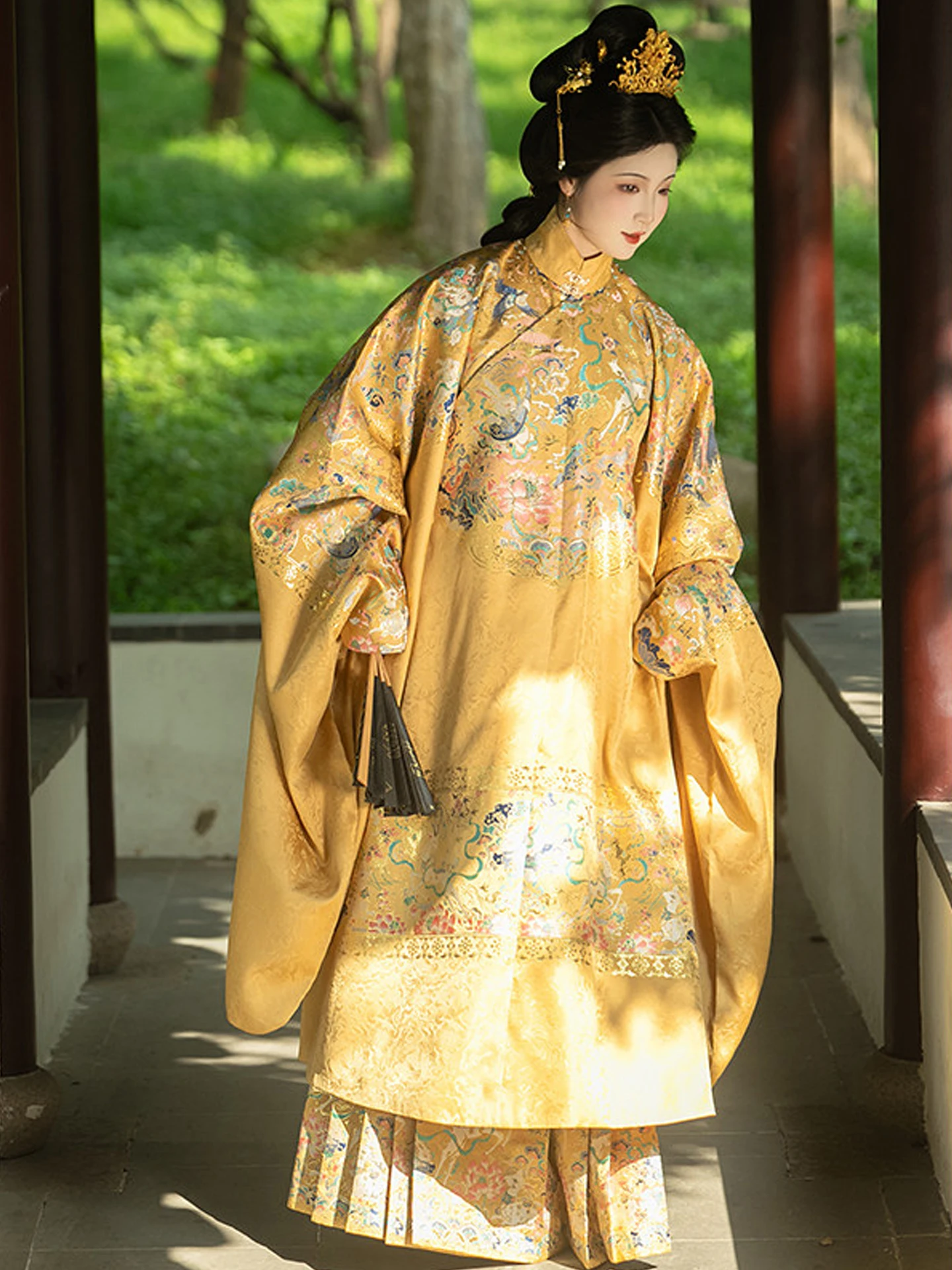 New Chinese Style Half Skirt Zhi Jin Ming Dynasty Makeup Flower Patterned Silk  Tailed Skirt High Waist A-Line Polyester