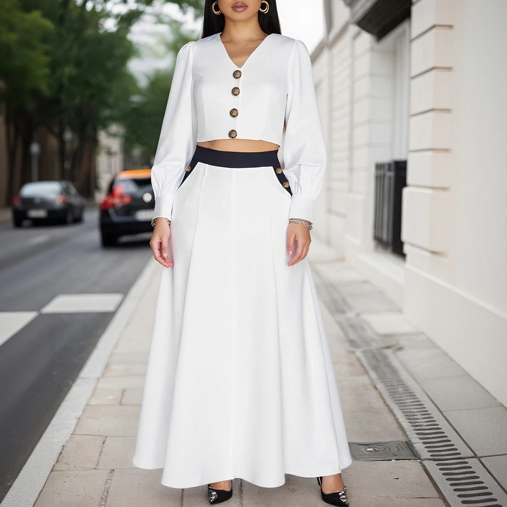 Elegantes Maxirock-Set für Damen, langärmelig, V-Ausschnitt, A-Linie, schickes, schlichtes Pendel-Outfit, geknöpft, Herbst und Winter