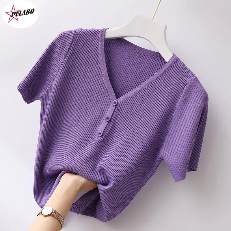 PULABO Knitted Short Sleeve T-shirt for Women's Summer Outer Bottoming Tops y2k V-neck Solid Button Slim Knit Sweater Tees y2k