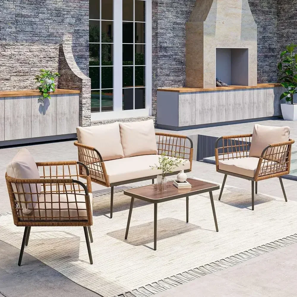 4-Piece Outdoor Patio Furniture Set with Rattan Balcony Chairs and Coffee Table, Ideal for Patio, Porch, Balcony, and Backyard