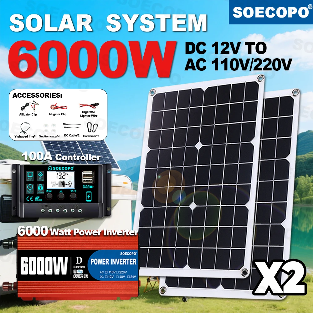 

6000W Solar System Kit and Solar Kit for Full Field House SOECOPO 100A Controller Camping DC 12V - AC 110V/220VInverter