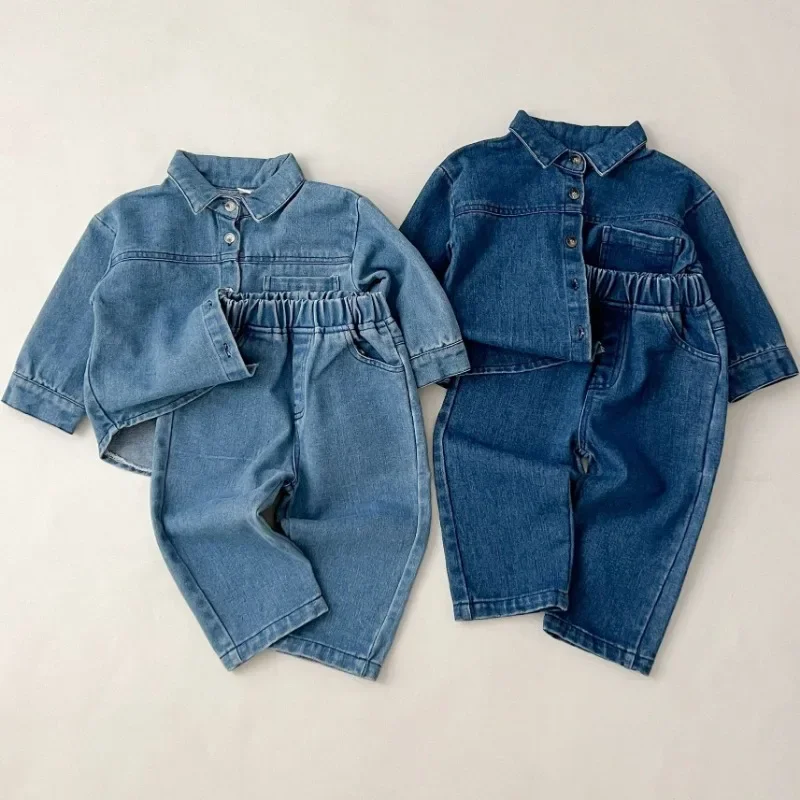 

Children's Korean Spring Suit Boys Long-sleeved Denim Shirt Jackets Denim Trousers Two-piece Baby Girls Autumn Jeans Top Pants