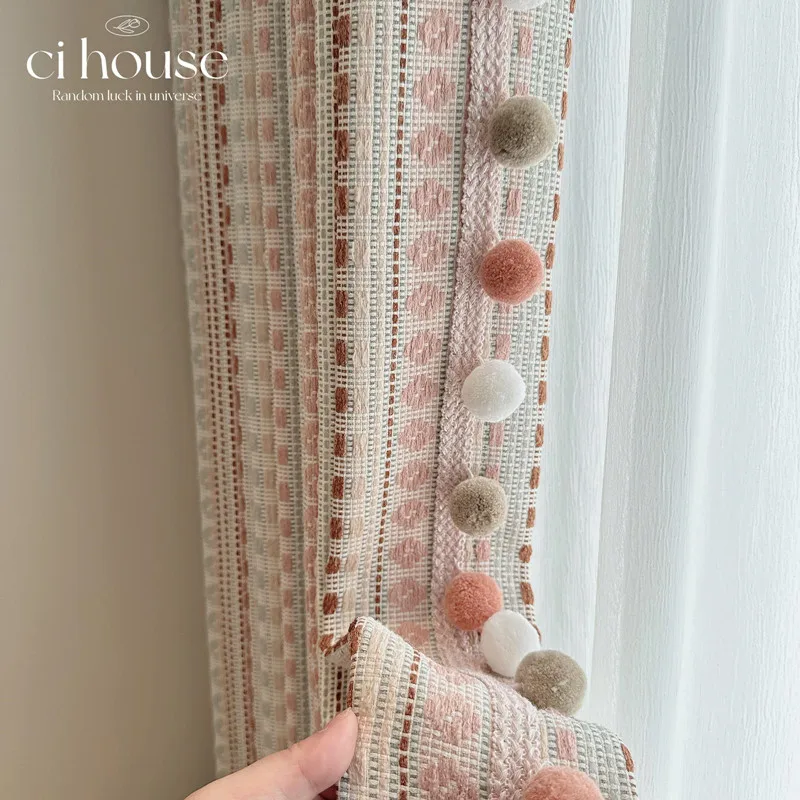 

Fair Island dopamine curtain stripes colored cotton linen jacquard girl boy bedroom new style cream style