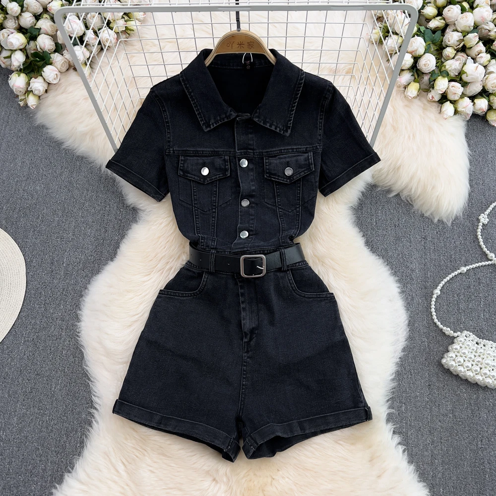 Korean Style Summer Women's Collared Short Sleeve Single Button Waist Cinched Denim Overalls Fashion Wide Leg Shorts Romper