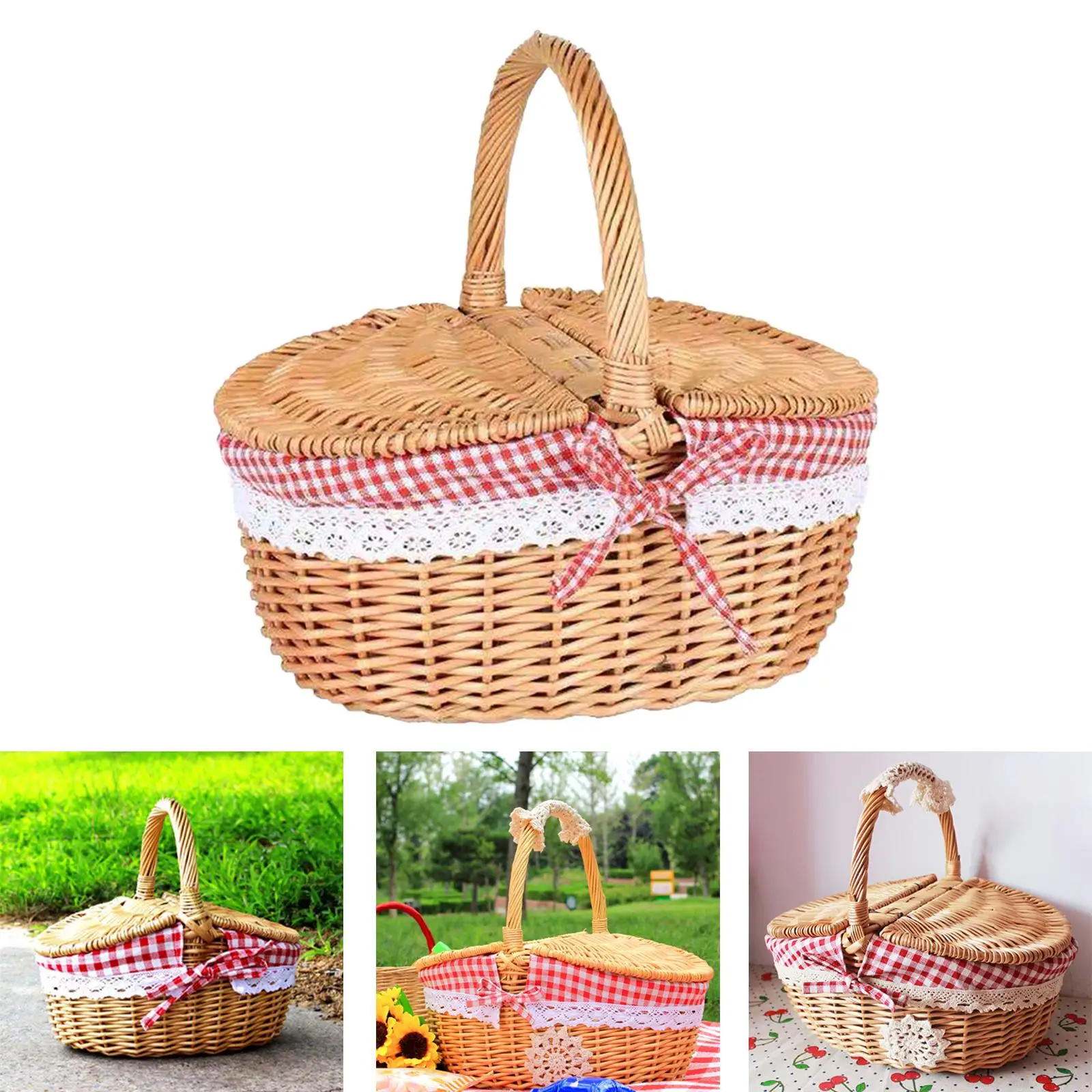 Handwoven Wicker Picnic Basket with Washable Lining Wicker Storage Hamper Rattan Storage Serving Basket for Hiking Camping