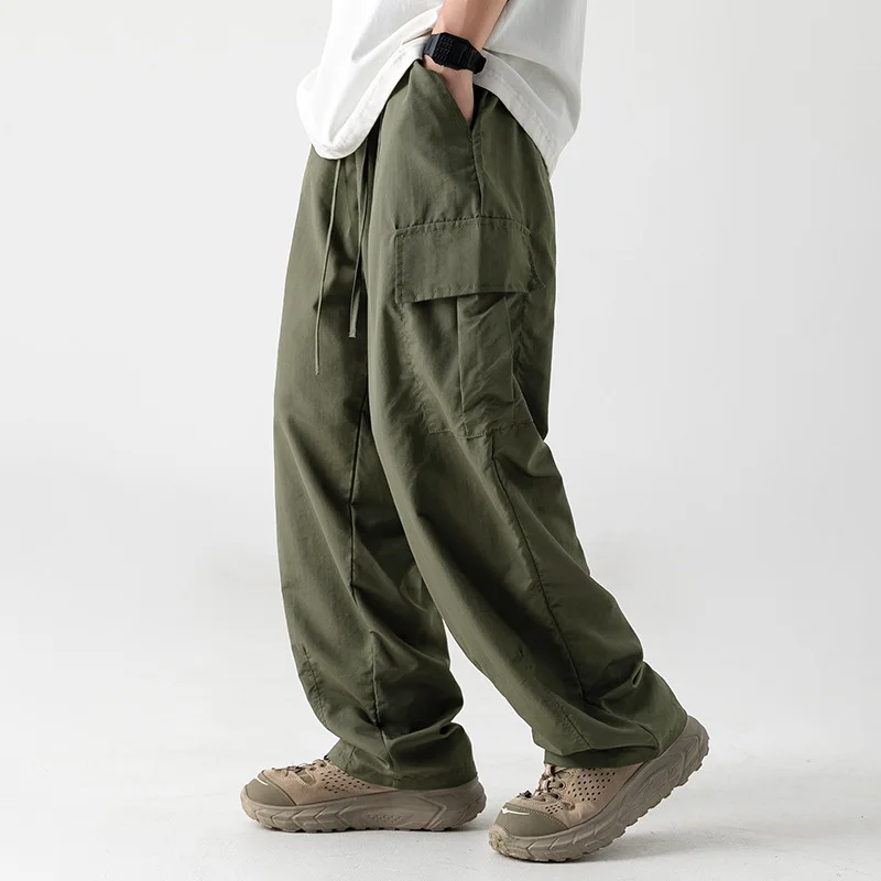 

Удобные мужские повседневные брюки из тонкой гладкой ткани, летние уличные длинные брюки с большими кетами, простые свободные прямые джинсы