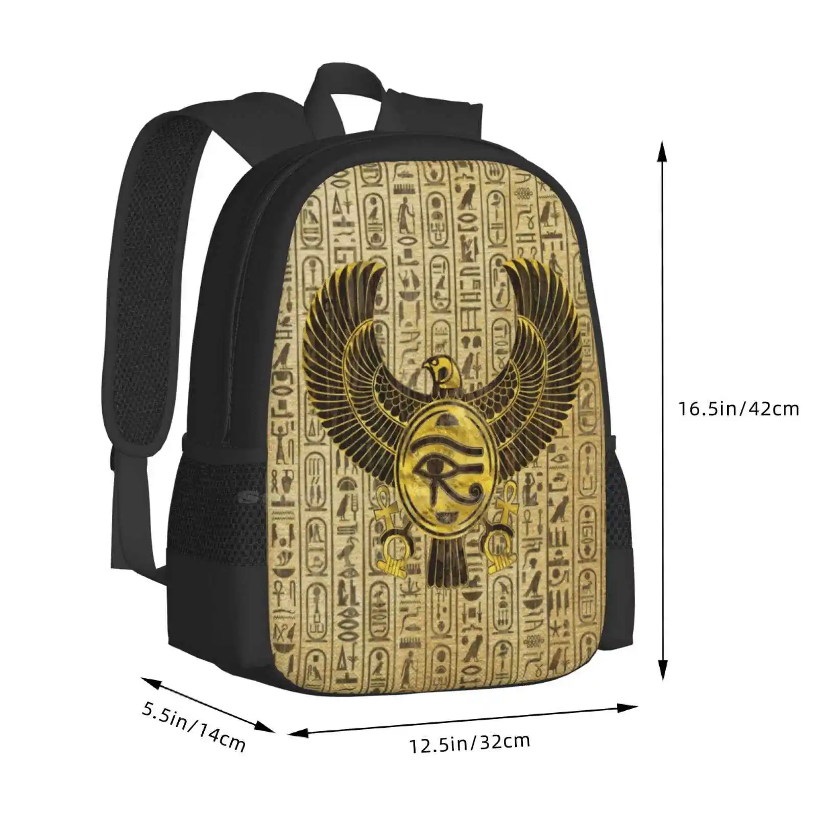 Mochila con diseño de Ojo de Horus egipcio para estudiantes universitarios, morral con diseño de Ojo de Horus, Wadjet de oro y madera para adolescentes, Uadjet