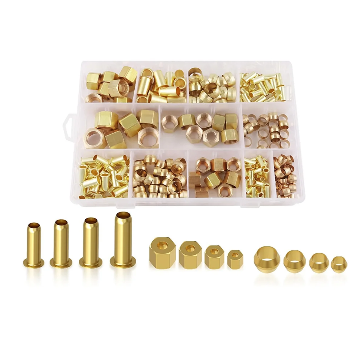 A72T 220PCS Compression Fittings Assortment Kit - 4 Sizes (1/4in, 3/8in, 5/16in, 1/2in) of Brass Compression Sleeve Ferrule