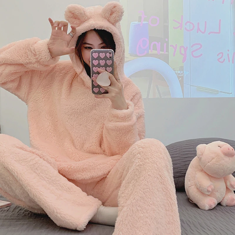 

2025 Winter Long Sleeve Hooded Thick Warm Flannel Pajama Sets Women Korean Cute Cartoon Coral Velvet Sleepwear Homewear Clothes