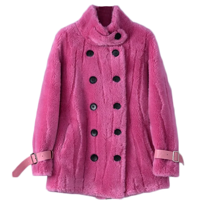 

Female Real Wool Fur Warm Jacket Women Lady Sheep Shearling Winter Double Breasted Parka PT330