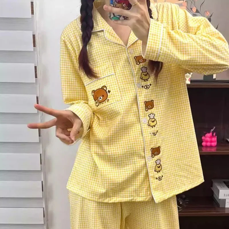 بيجامة Rilakkuma للنساء في الربيع والخريف سراويل بأكمام طويلة من القطن الخالص فتاة كرتونية صفراء متقلب ملابس منزلية لطيفة