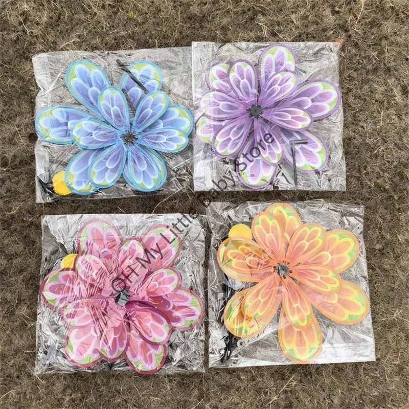 M76C 2PCS 더블 레이어 회전 풍차 장난감 플라스틱 꽃 바람개비 바람 회 전자 정원 마당 조경 장식