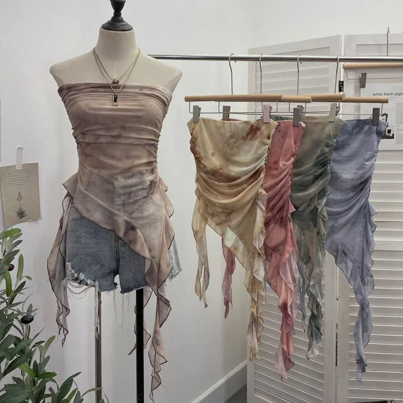 New Women's Tie Dye Ruffled Ribbon Mesh Tube Top Irregular Mesh Sleeveless Tube Top Sexy Backless Vest Party Leisure Essential