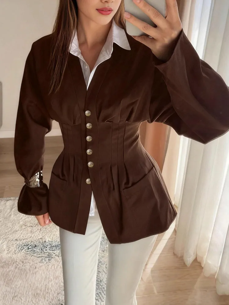 Elegante cintura cônica blusa com decote em v para mulheres viajando sólido mangas compridas magro retalhos roupas novas camisas femininas