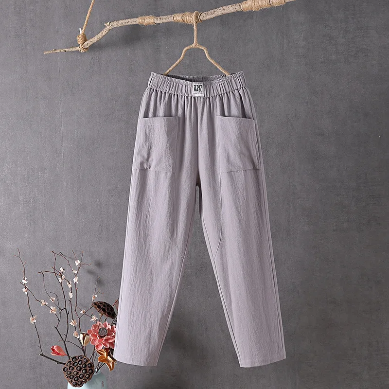 Cotton and Linen Casual Pants For Women Korean Style Solid Loose Straight Pants Summer Thin Nine-Point Harem Pants White Red