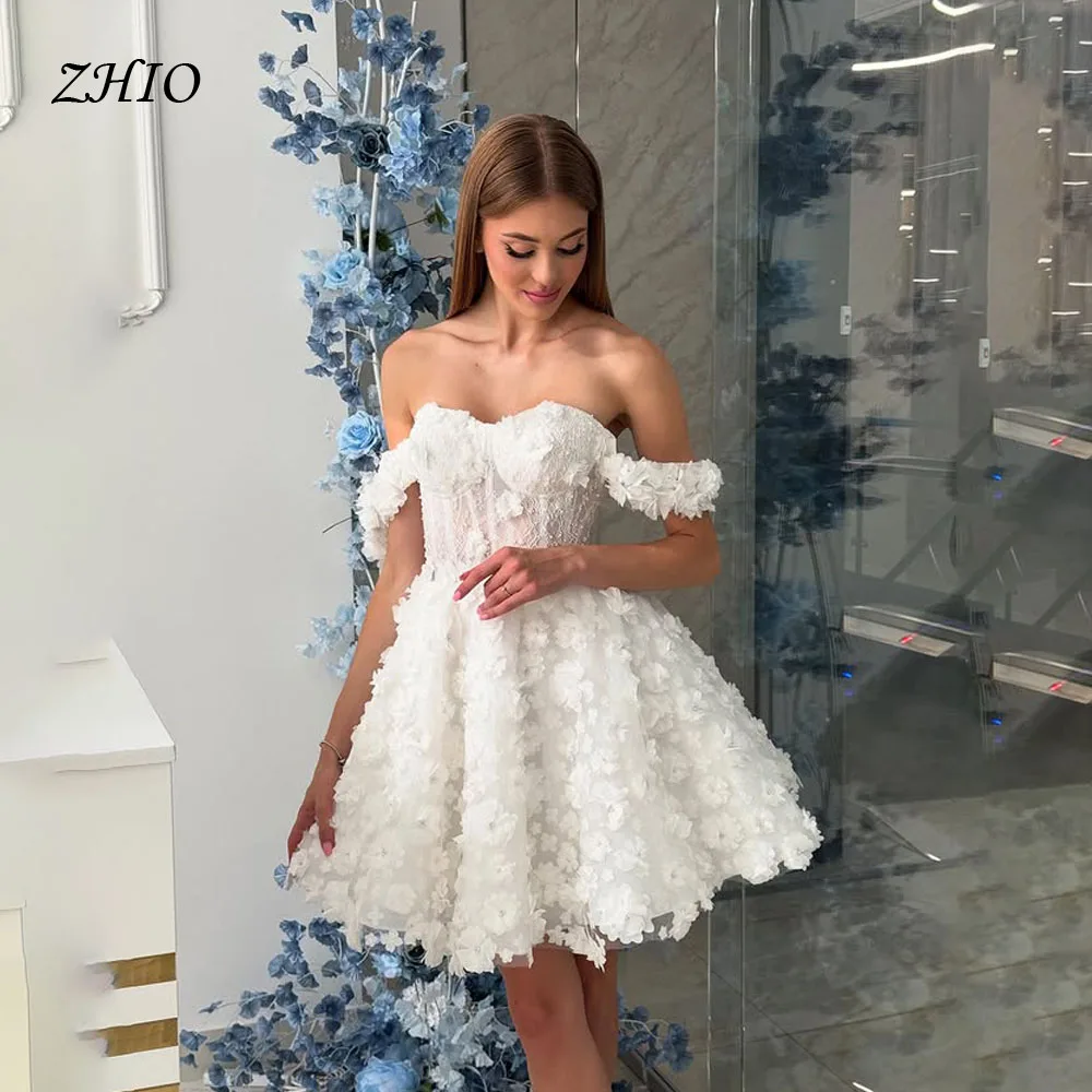 

ZHIO Luxury White Mini Lace Floral Party Dresses A-line Off Shoulder Customized Dresses Birthday Party Cocktail Dresses