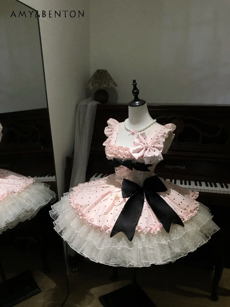 

Original Design Lolita Style Sweet Jsk Tutu Dress Cute Polka Dot Print Bow Ruffle Edge Sleeveless Dress Women Evening Dresses