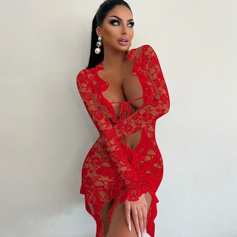 Sexy Front Hollow Out Deep V Lace-up Dresses Women See-through Lace Long Sleeve Wrap Hip Dress Female Nightclub Party Slim Gown