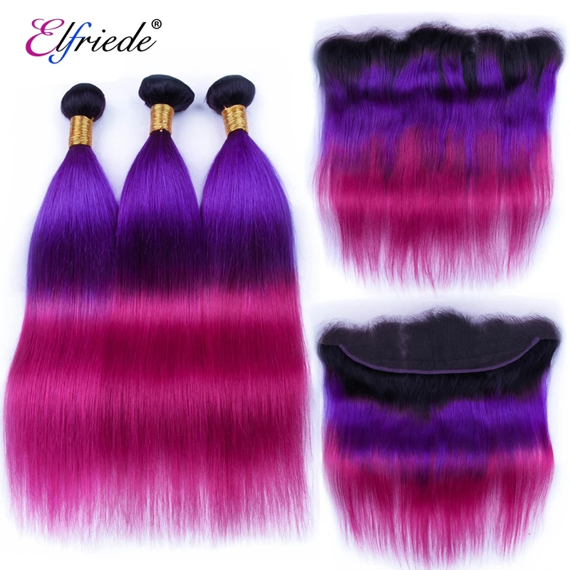 Elfriede Straight Ombre Colored #T1B/Purple/Rose Red Hair Bundles with Frontal Remy Human Hair 3 Bundles with Lace Frontal 13x4