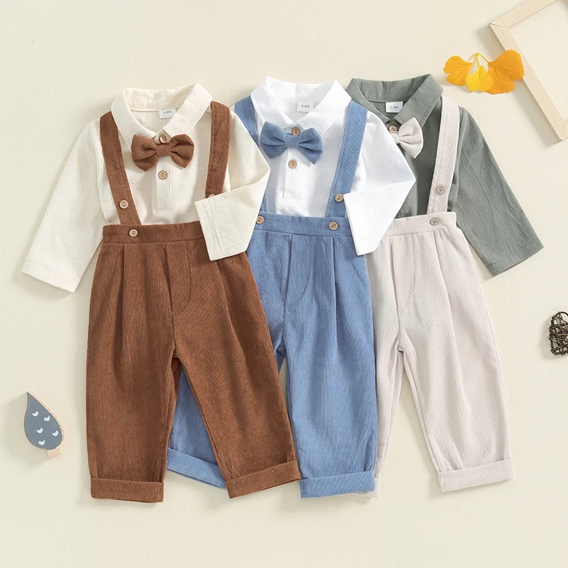 Newborn Infant Baby Boy Fall Outfit Solid Color Long Sleeve Rompers with Bow Tie and Suspender Pants Set Spring 2 Piece Clothes