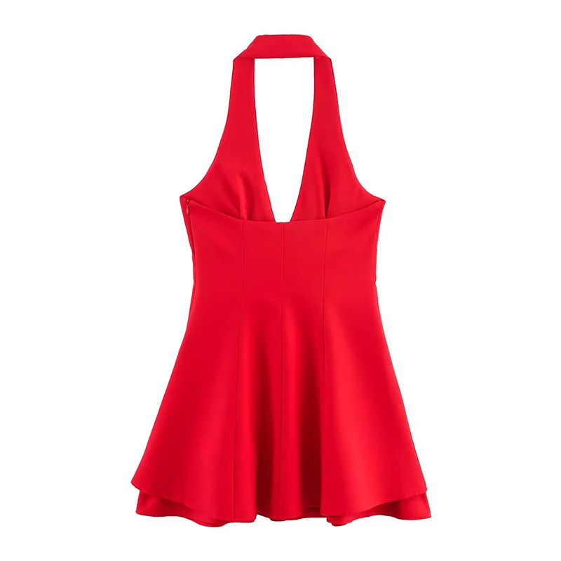 Yenkye sexy sem costas halter mini vestidos de duas camadas para mulheres vermelho marrom preto elegante a linha mini vestido de festa vestidos de natal