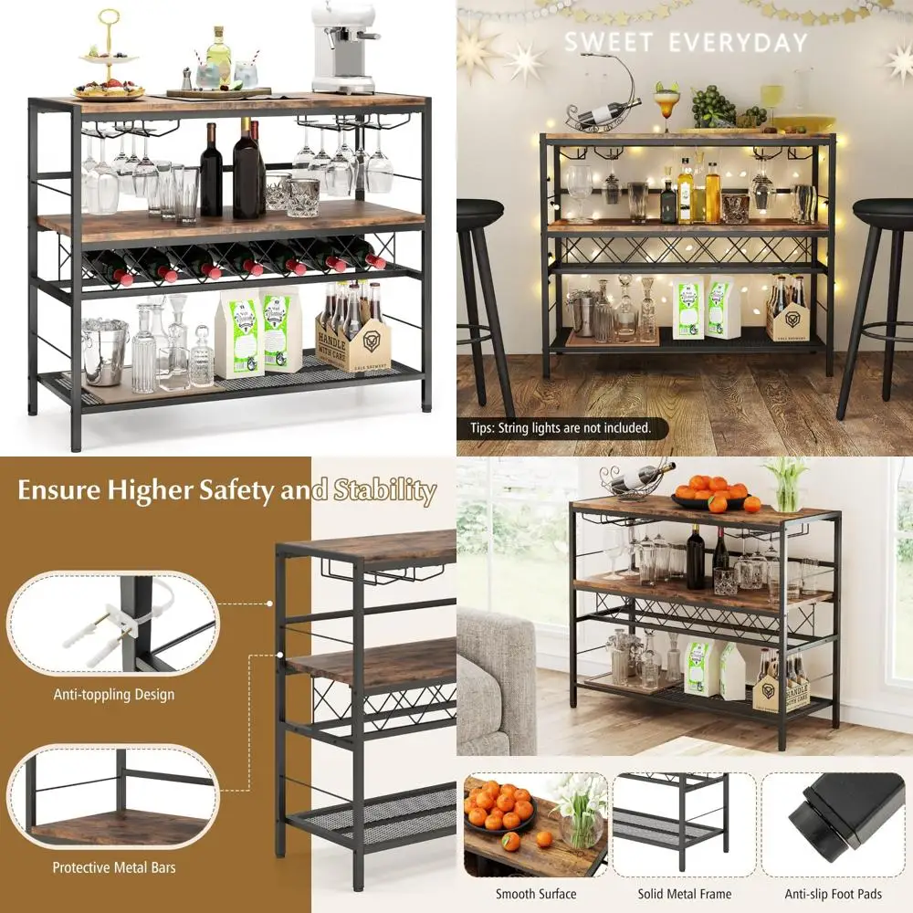 ชั้นวางไวน์ 4 ชั้น - ตู้เก็บไวน์แบบมีบาร์ 7 ขวด พร้อมชั้นวาง 4 ชั้น และที่วางแก้ว 16 ชิ้น ชั้นวางเก็บไวน์โลหะ