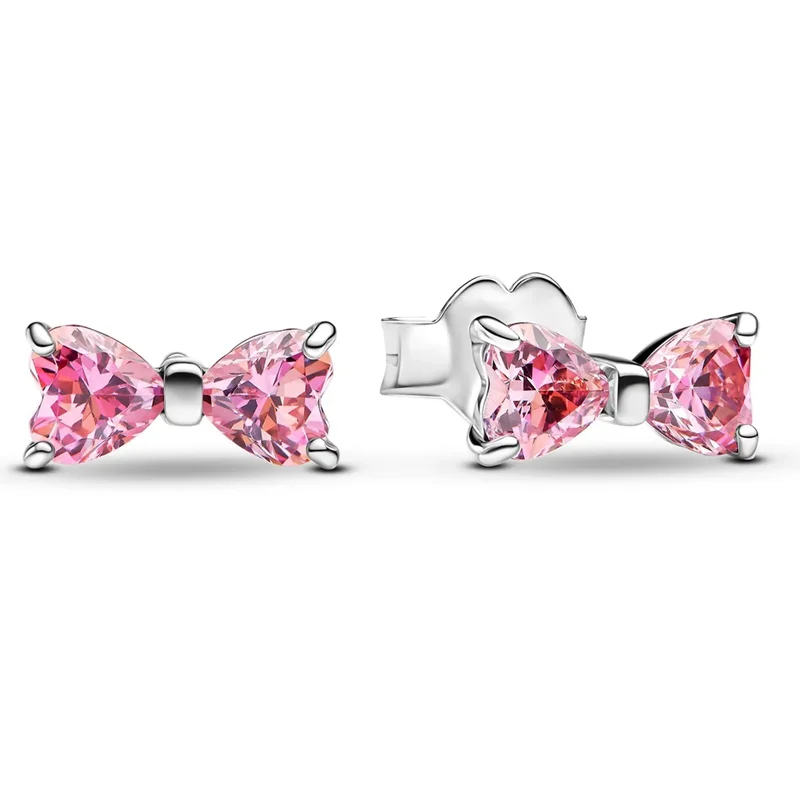 Women's 925 Sterling Silver Sparkling Pink Bow Earring & Necklace Set