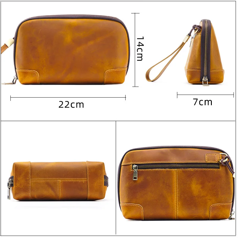 Vintage 100% Genuine Leather Zipper Wristlet Clutch Bag Mini Purse for Phone Wallet Keys Women Men Evening Daily Use