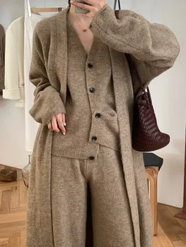 Ensemble 3 pièces tricoté épais pour femme, pull élégant à manches longues, manteau + gilet en tricot à simple boutonnage + pantalon, nouvelle collection automne hiver 2024