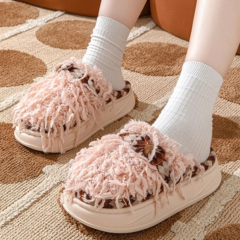 Women\'s Home Slippers bowknot Tassels Thick bottom Non-slip Lady slippers Winter Warm Soft Lightweight Living room shoes House