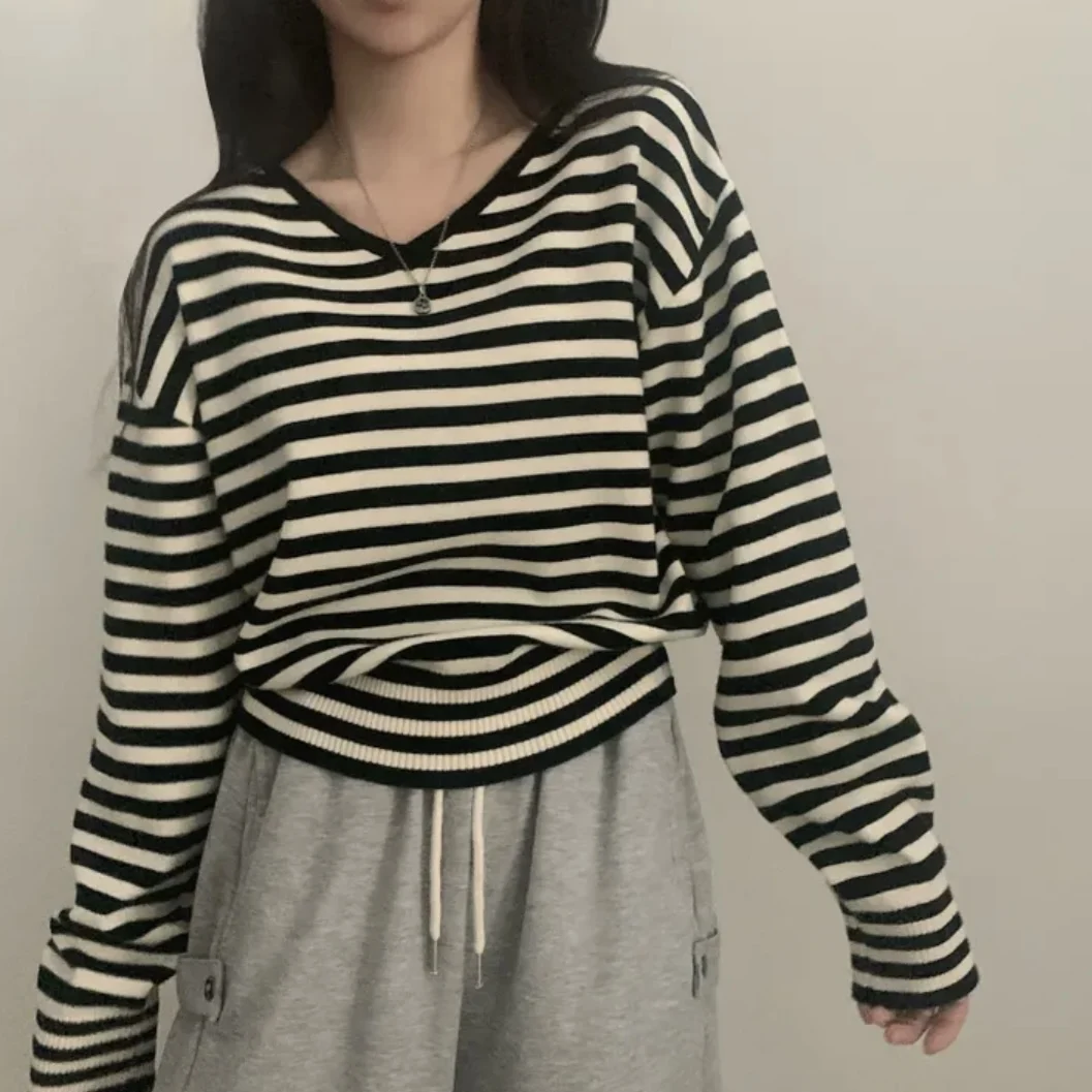 

Loose Long Sve Women's Knitted Sweater Color Blo Striped Chic Design Faionable Lazy Sle Commute irt V Ne Top