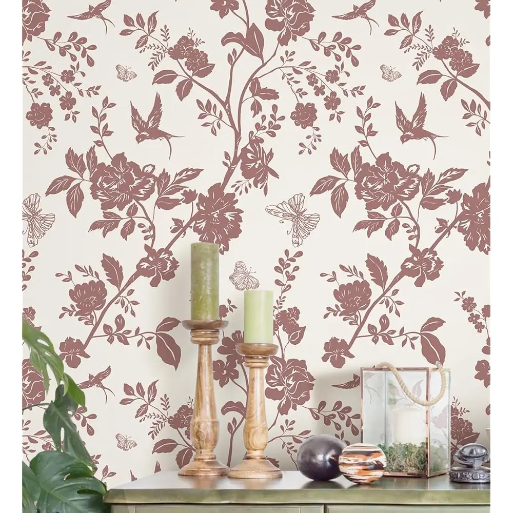 

197""X16.9"" Red And Beige Wallpaper Bird Floral Peel And Sti Wallpaper Vintage Floral Contact Paper Retro Red Self Adhesive