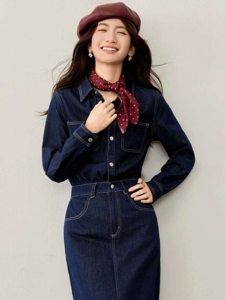 

SENTUBILA Autumn Women's Dress 2025 Denim Turn Down Collar Solid Button Long Dresses Casual Style New W53LH2387