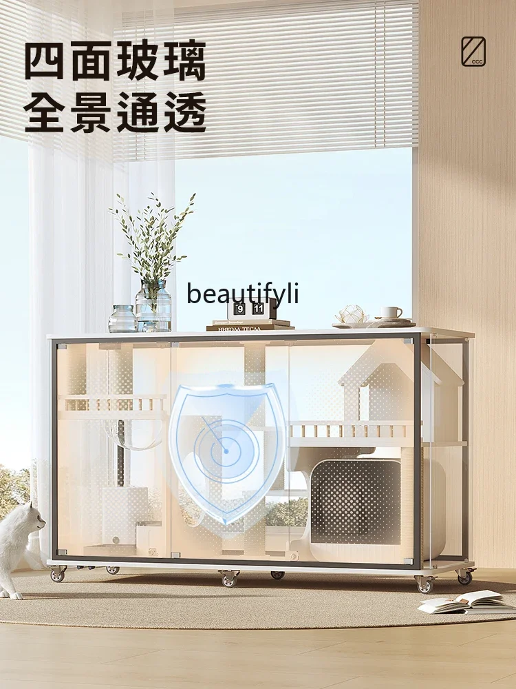 Horizontal Panoramic Cat Villa Shared TV Cabinet Cat Nest Solid Wood Transparent Glass Cabinet Cat House