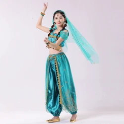 Halloween Festival Arabian Cosplay Princess Jasmine Costume Belly Dance Indian Bollywood Veil Top Pants Accessories Set Festival