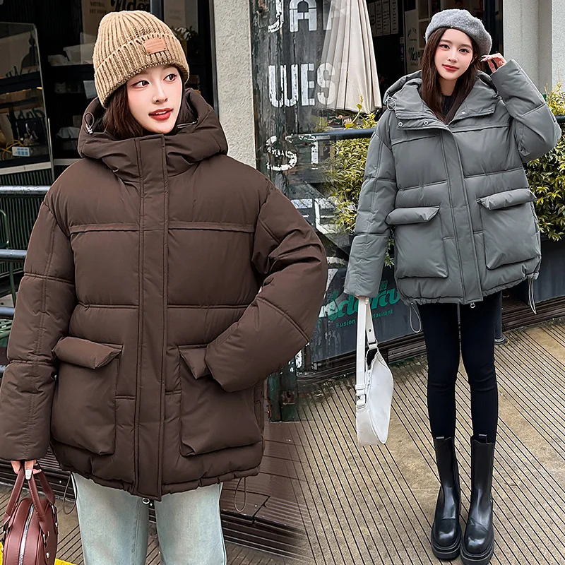 Women Thick Parkas Zipper Button Hooded Coat Loose Solid Jackets Pockets Jacket Elegant Lady Casual Warm Autumn Winter 2025
