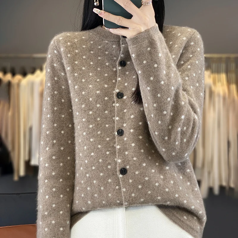 100% Merino cashmere fall/winter new women's sweater crewneck Cardigan Fashion polka dot warm bottom knit shirt