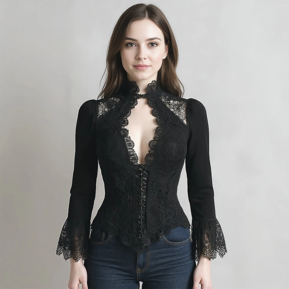 Blusa de encaje para mujer, Tops con cuello levantado, dobladillo asimétrico calado, manga acampanada, Sexy, cuello en V, gótico, Punk, Retro, blusa ajustada, Top 2025