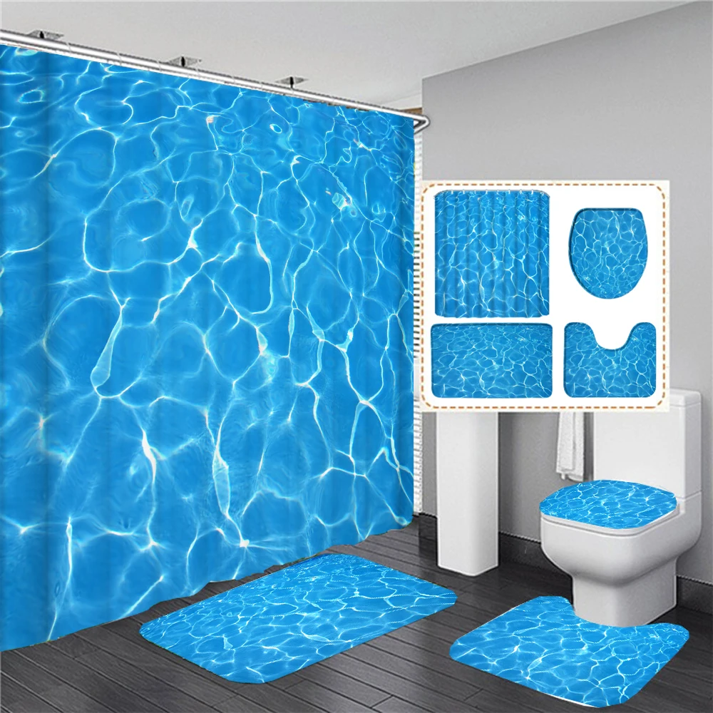 3D Blue Ocean Sea Seawater Printed Shower Curtain Set with Non-slip Toilet Lid Cover Mat Waterproof Bathing Screen Home Decor