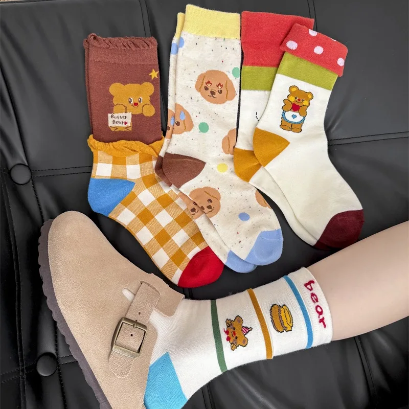 

4 Pairs of Sweet Cartoon Stockings for Children Japanese Cartoon Butter Bear Cute Personality Pure Cotton Versatile Long Sokes
