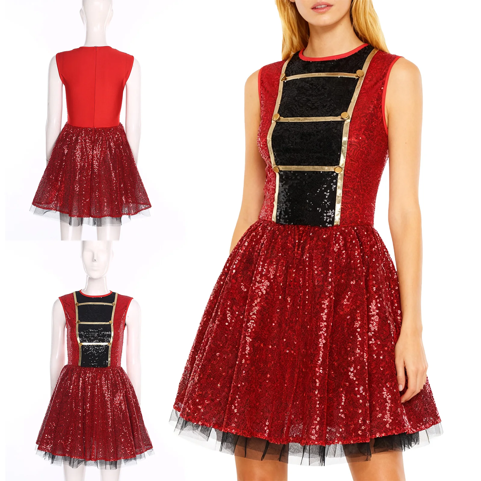 

Halloween Circus Magician Cosplay Dress Adult Women Sequin Sleeveless Tutu Dress for Ringmaster March Band Performance Uniforms