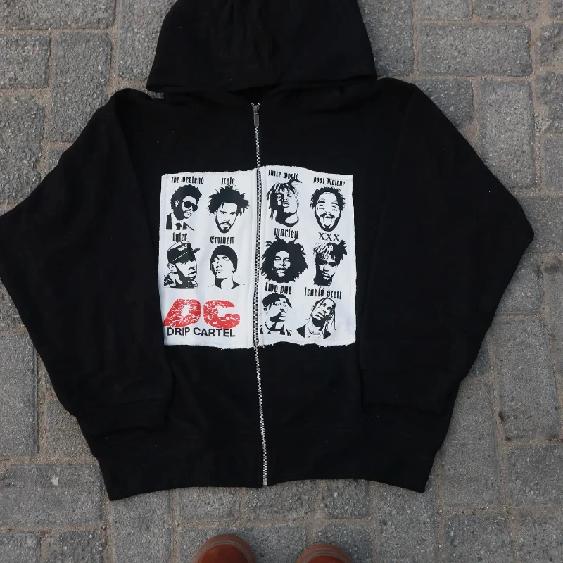 

Vintage Portrait Patchwork Funny Personality Loose Zipper Hoodie American Harajuku Hip Hop Punk Street Long Sleeved Sweatshirt