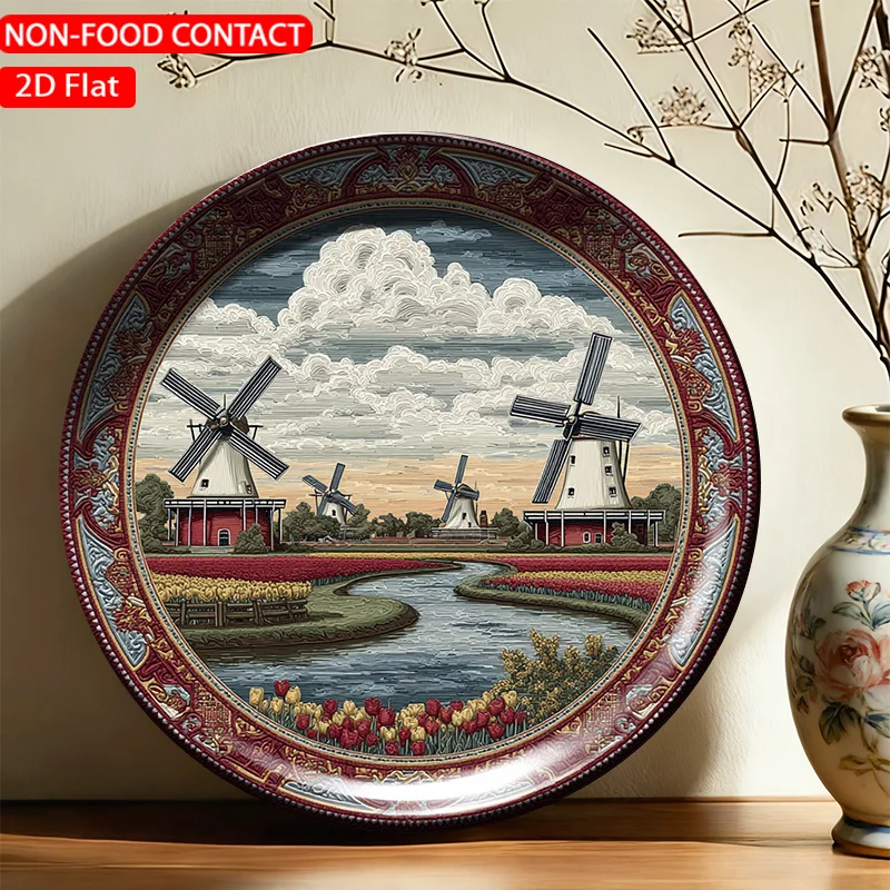 1pc Ceramic Decorative Plate, Windmill Landscape Art Decorations, Wall Home Decor - for Decorative Purposes Solely, NON-FOOD