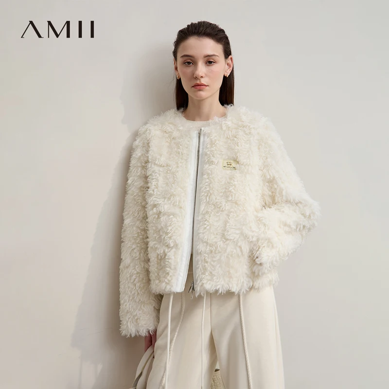 Amii Women's Coat 2025 Winter New Minimalist O-neck Loose Coats Woman Elegant Short Zipper Long Sleeve Clothing Female 12514003